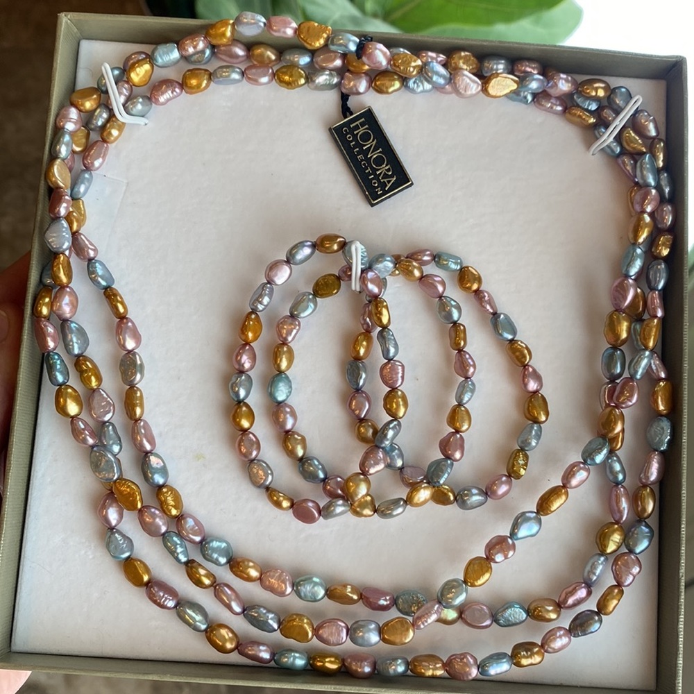 Honora 64" Pearl Necklace + Three 7” Stretch Bracelets (Pastel) - Easter
